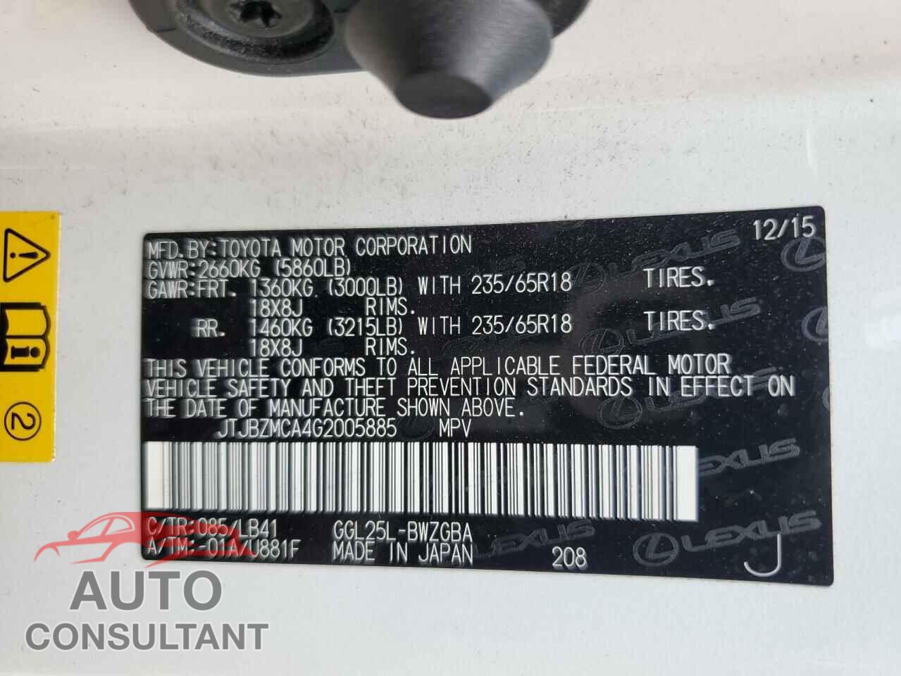 LEXUS RX350 2016 - JTJBZMCA4G2005885