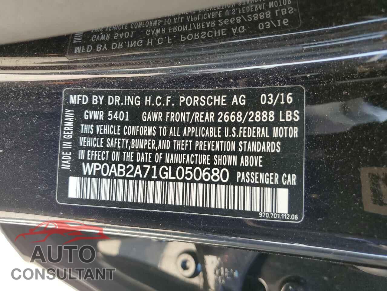 PORSCHE PANAMERA 2016 - WP0AB2A71GL050680