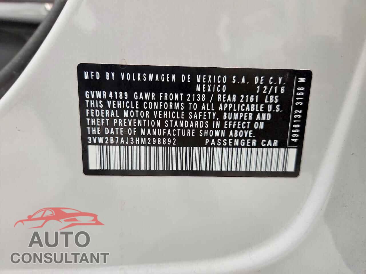 VOLKSWAGEN JETTA 2017 - 3VW2B7AJ3HM298892