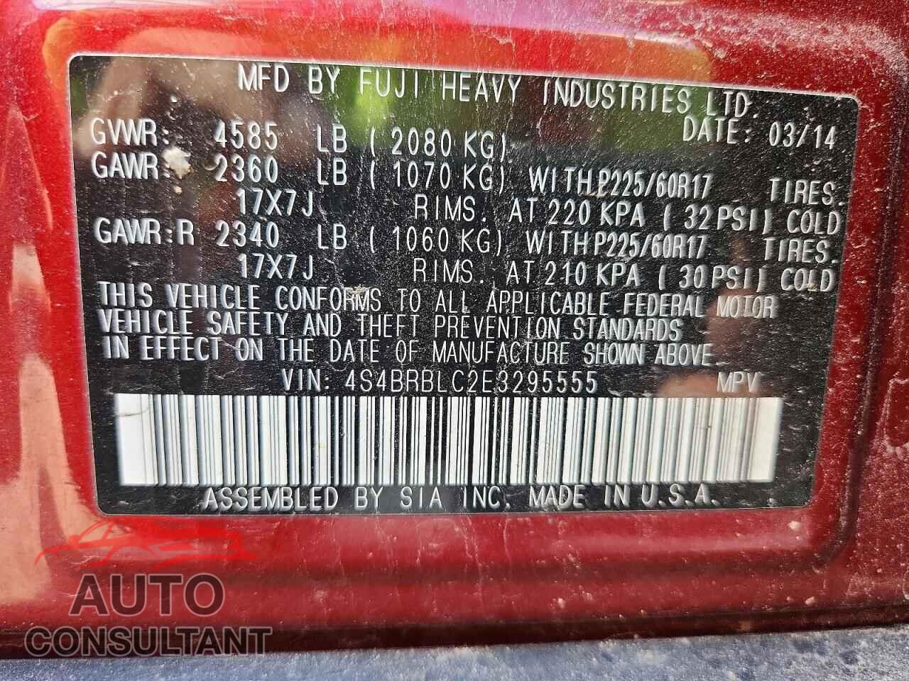 SUBARU OUTBACK 2014 - 4S4BRBLC2E3295555