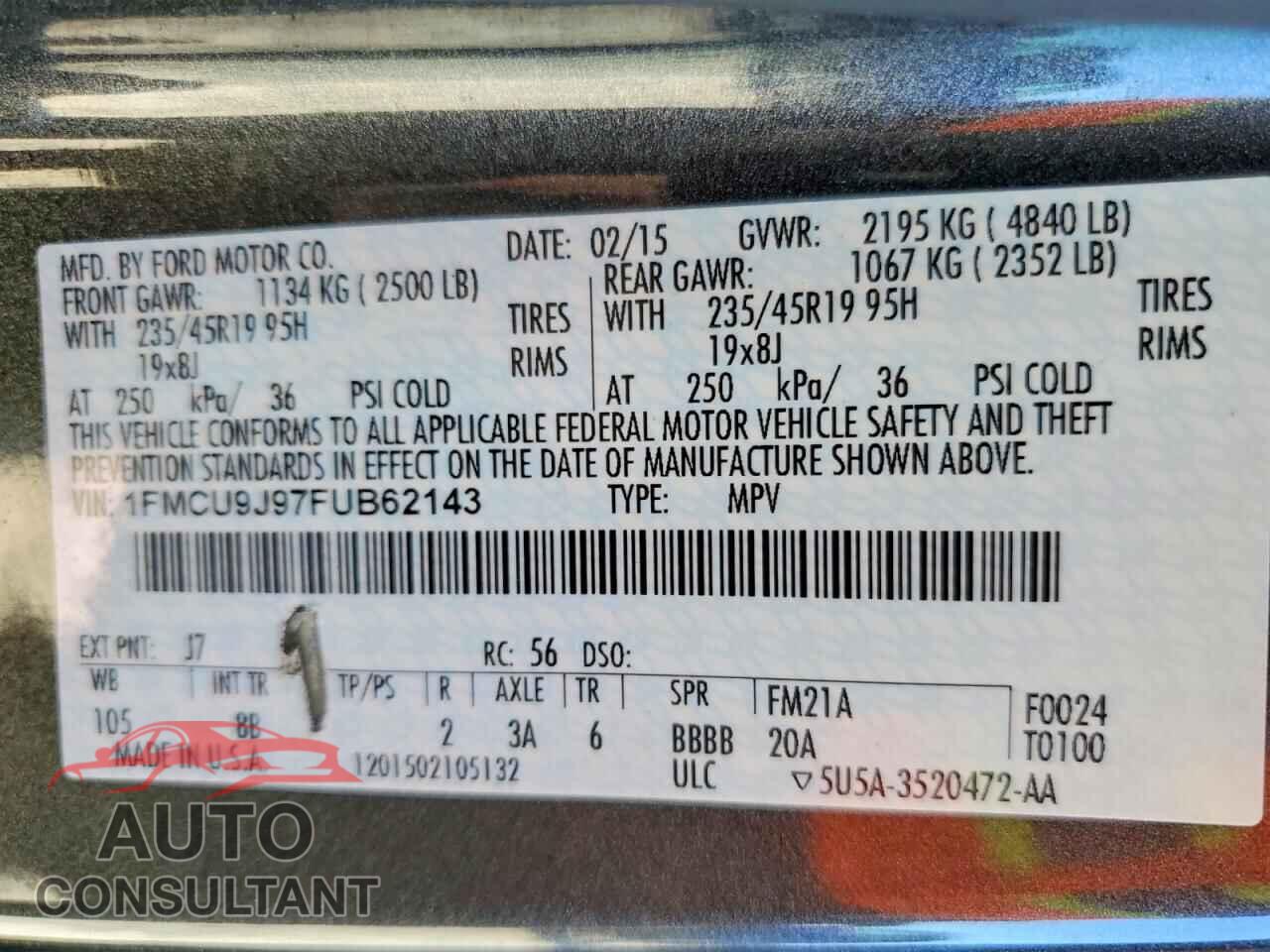 FORD ESCAPE 2015 - 1FMCU9J97FUB62143