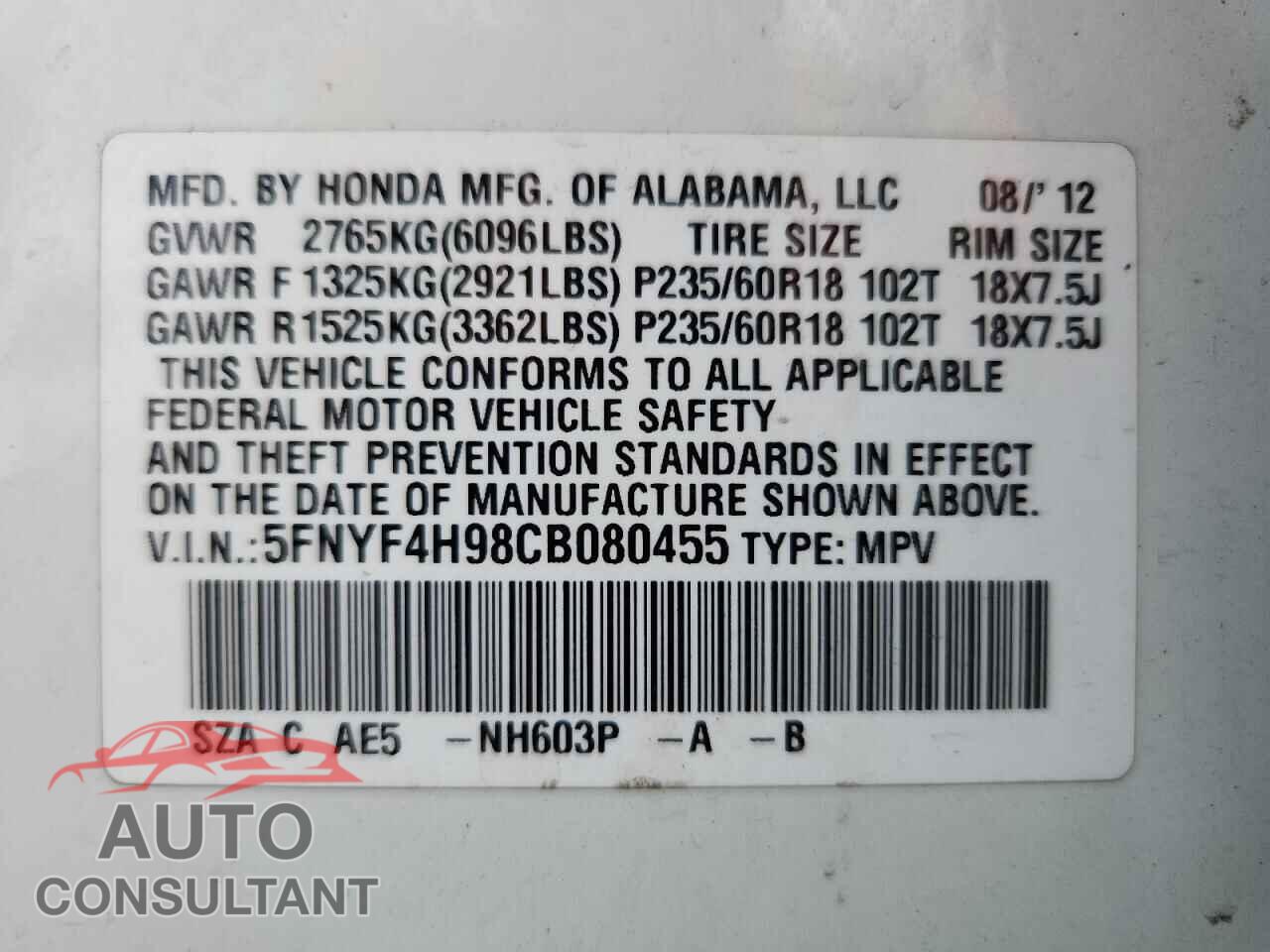 HONDA PILOT 2012 - 5FNYF4H98CB080455