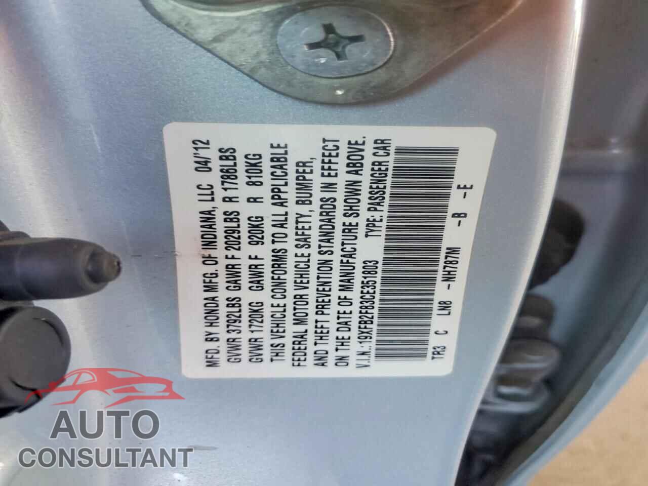 HONDA CIVIC 2012 - 19XFB2F83CE351803
