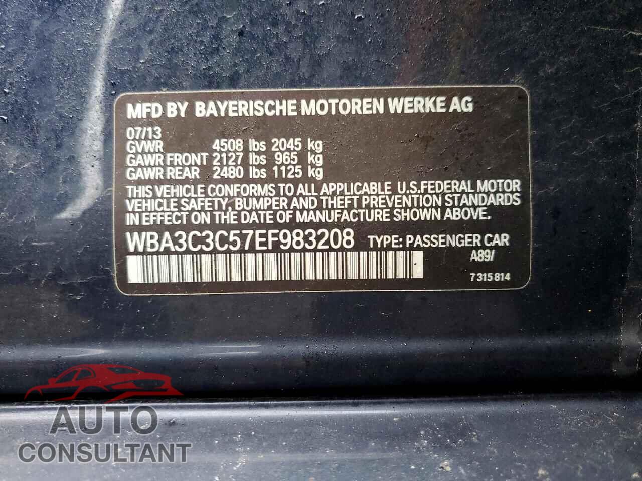 BMW 3 SERIES 2014 - WBA3C3C57EF983208
