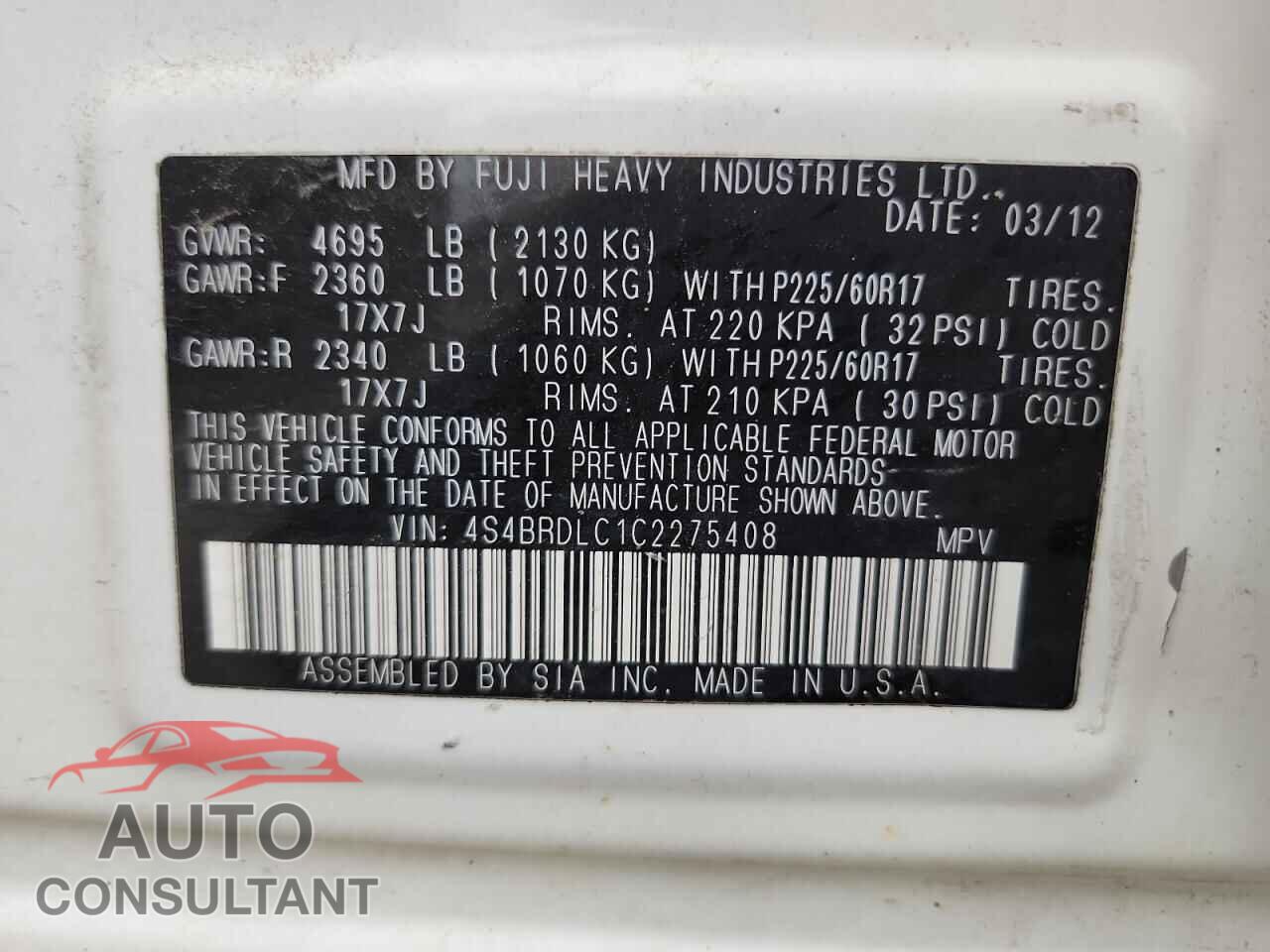 SUBARU OUTBACK 2012 - 4S4BRDLC1C2275408