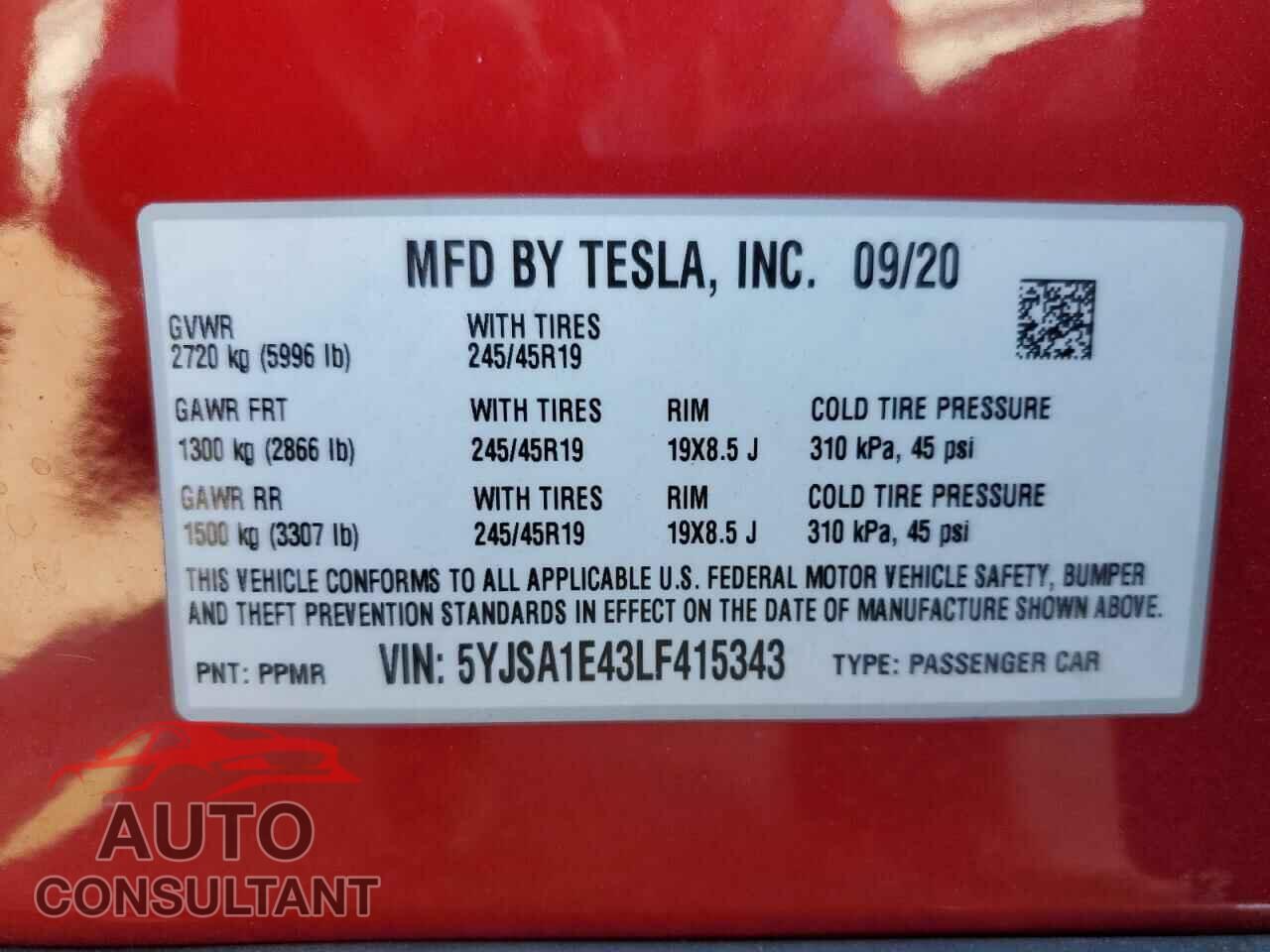 TESLA MODEL S 2020 - 5YJSA1E43LF415343