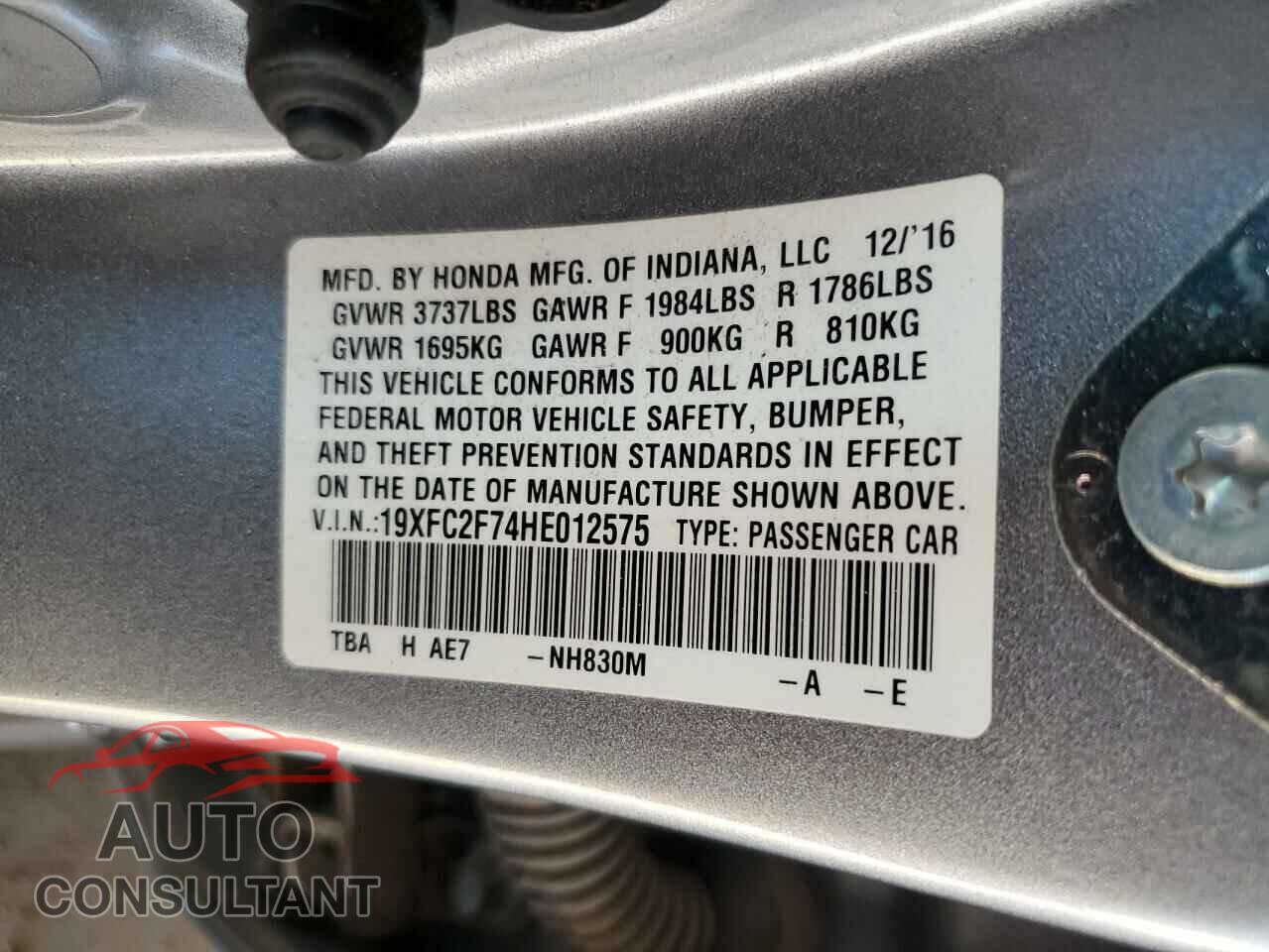 HONDA CIVIC 2017 - 19XFC2F74HE012575