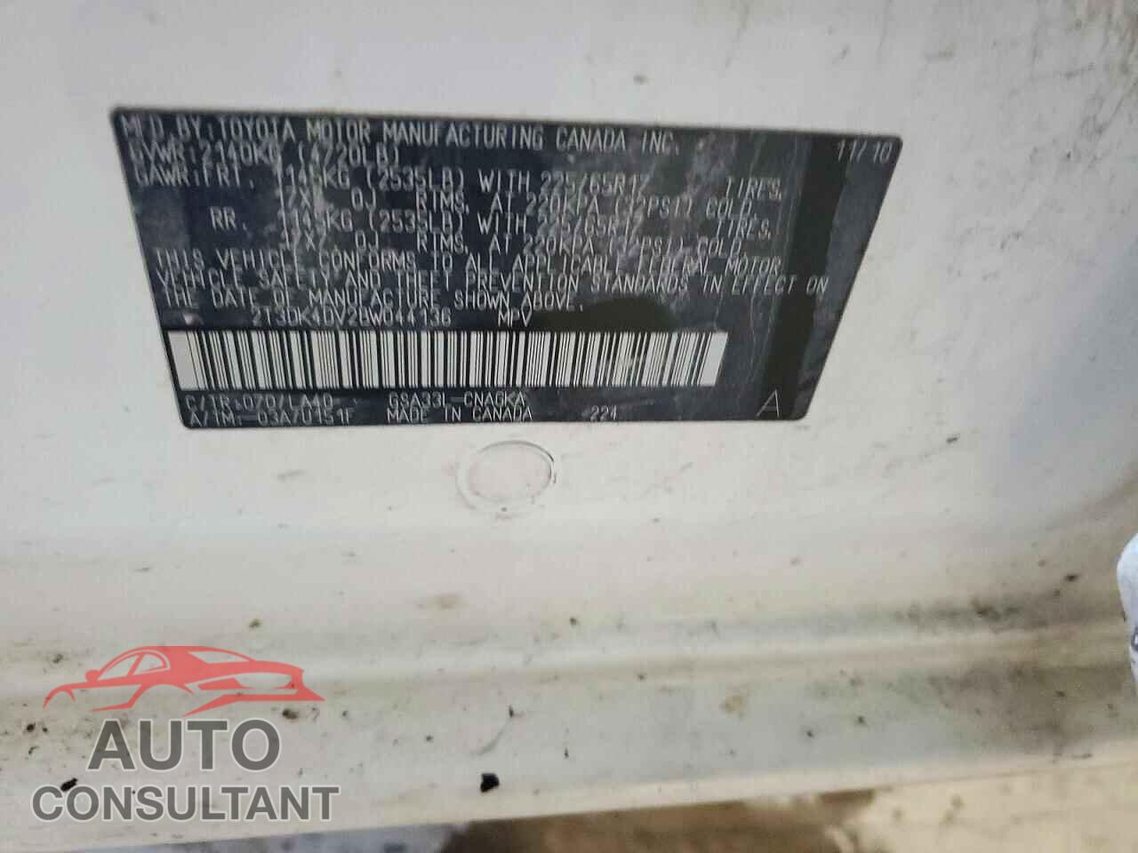 TOYOTA RAV4 2011 - 2T3DK4DV2BW044136