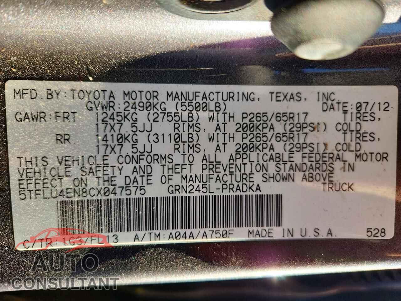 TOYOTA TACOMA 2012 - 5TFLU4EN8CX047575