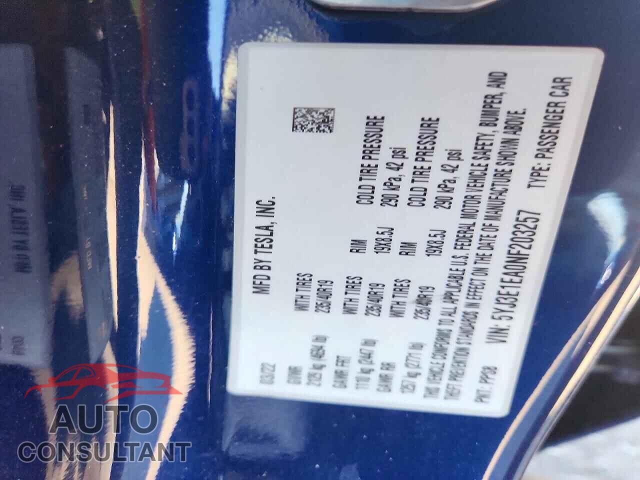 TESLA MODEL 3 2022 - 5YJ3E1EA0NF203257