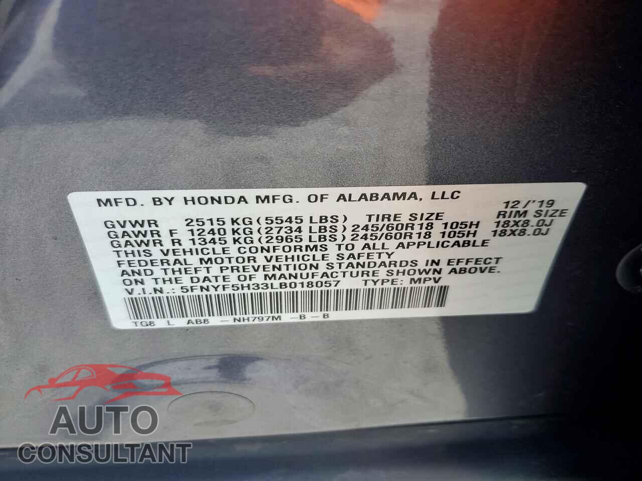 HONDA PILOT 2020 - 5FNYF5H33LB018057