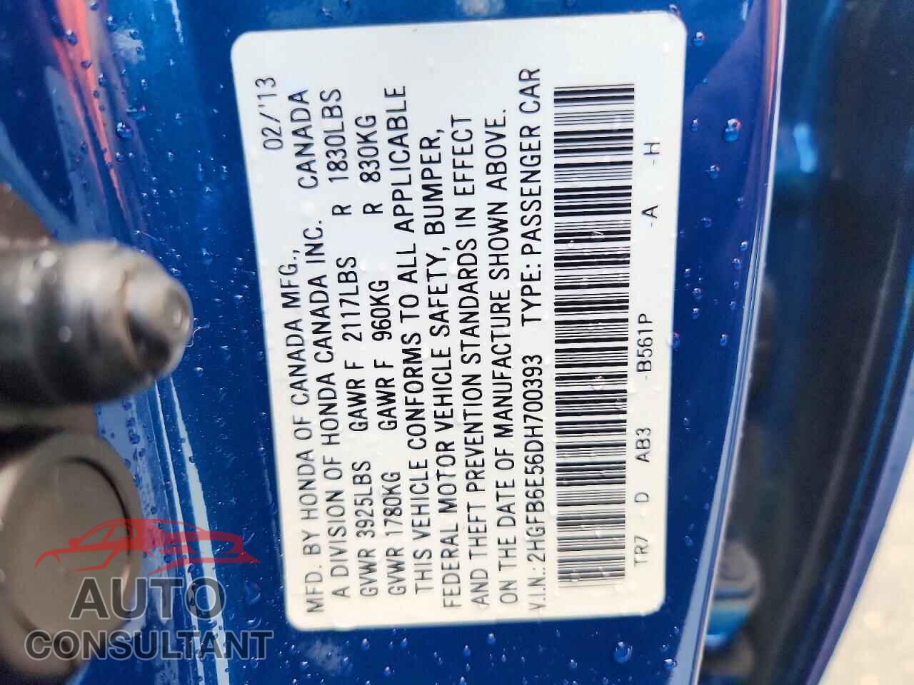 HONDA CIVIC 2013 - 2HGFB6E56DH700393