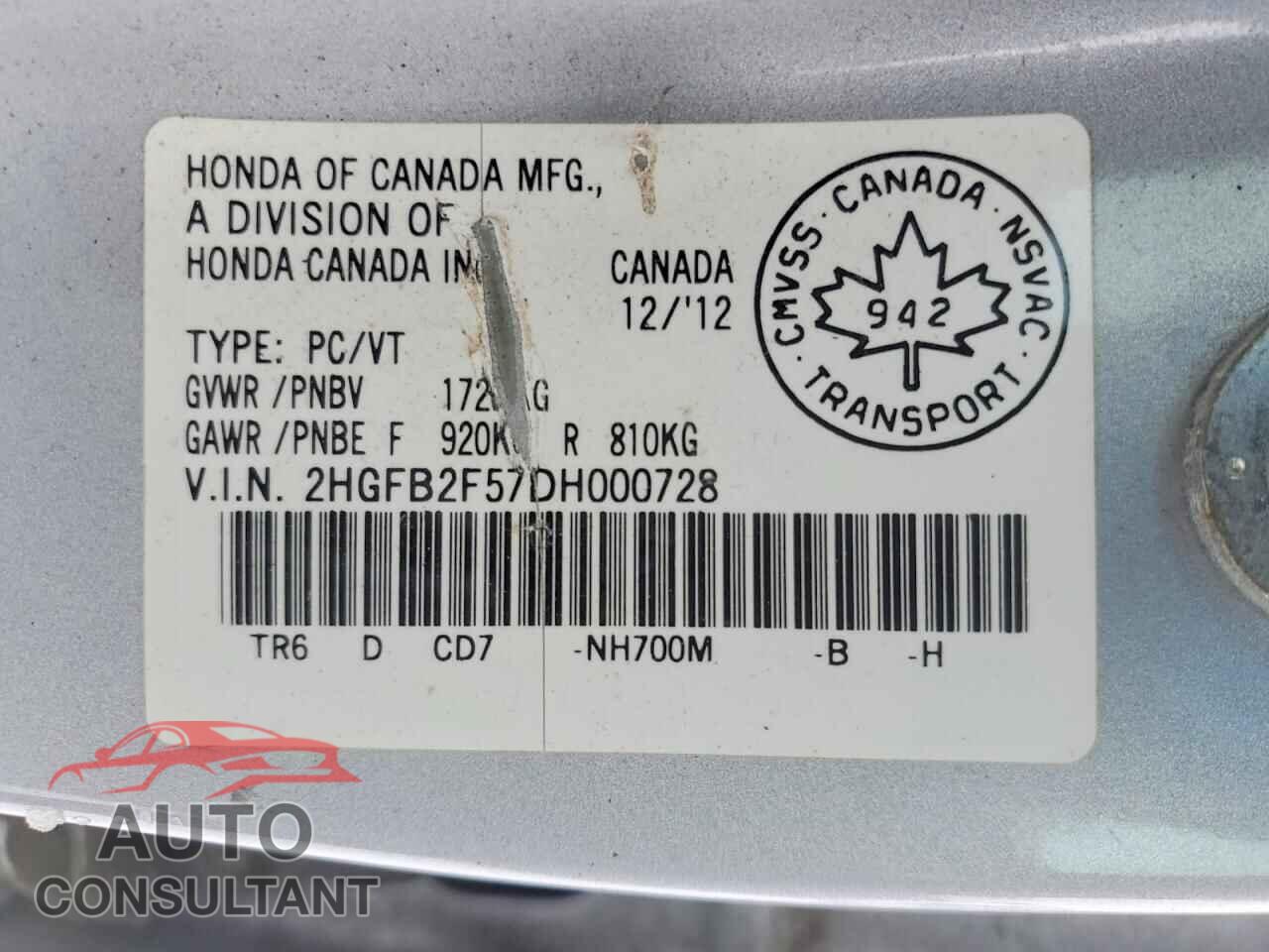 HONDA CIVIC 2013 - 2HGFB2F57DH000728