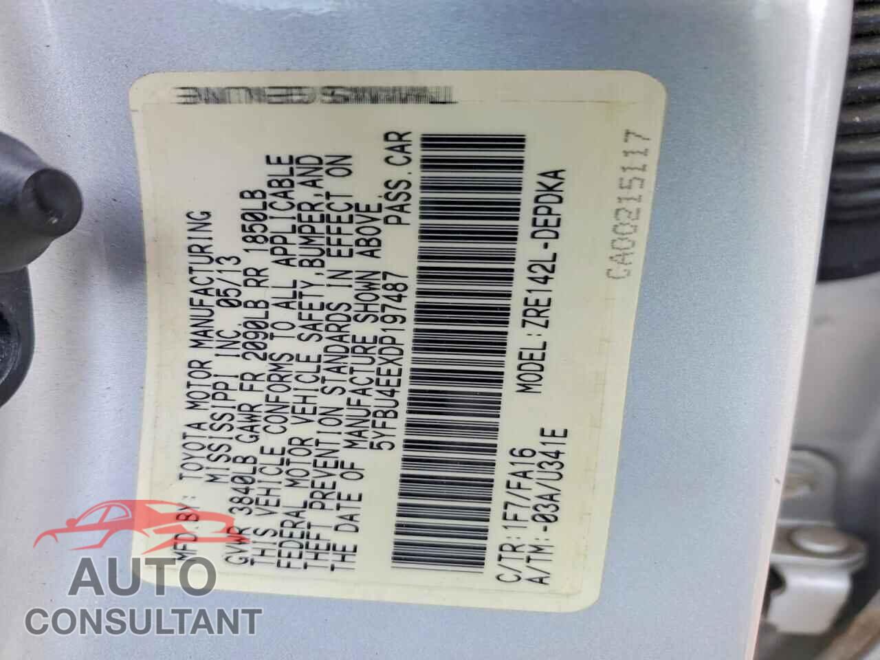 TOYOTA COROLLA 2013 - 5YFBU4EEXDP197487