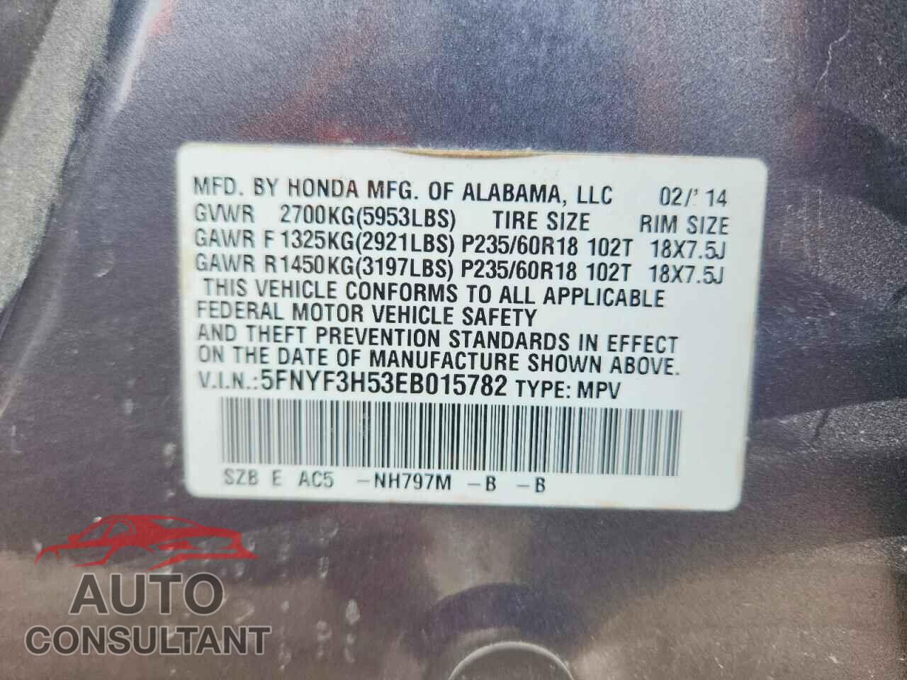 HONDA PILOT 2014 - 5FNYF3H53EB015782