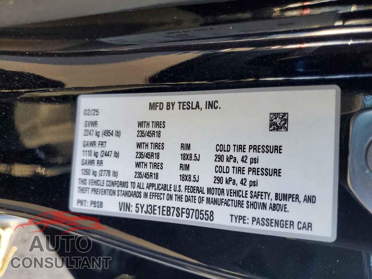 TESLA MODEL 3 2025 - 5YJ3E1EB7SF970558