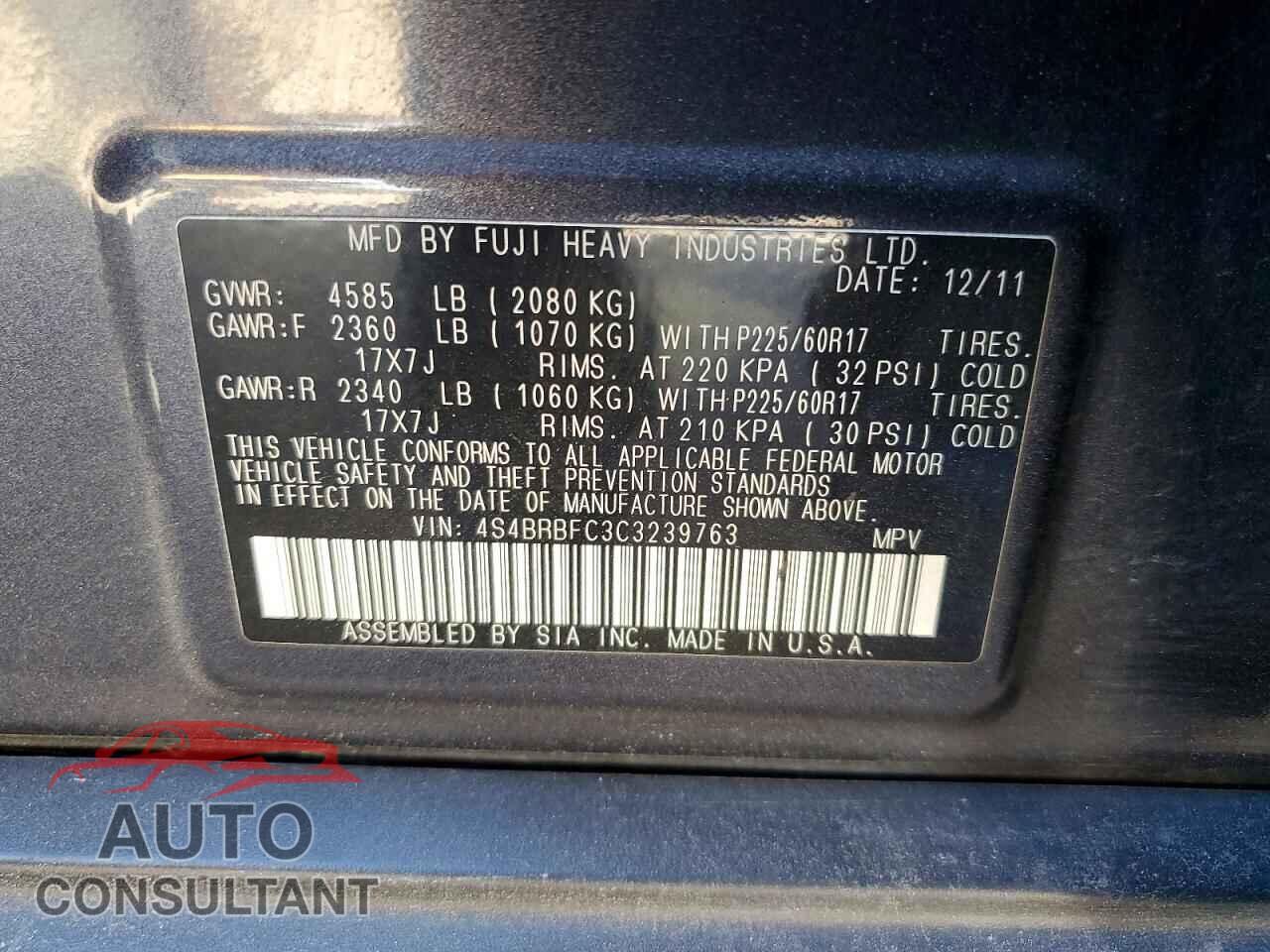 SUBARU OUTBACK 2012 - 4S4BRBFC3C3239763