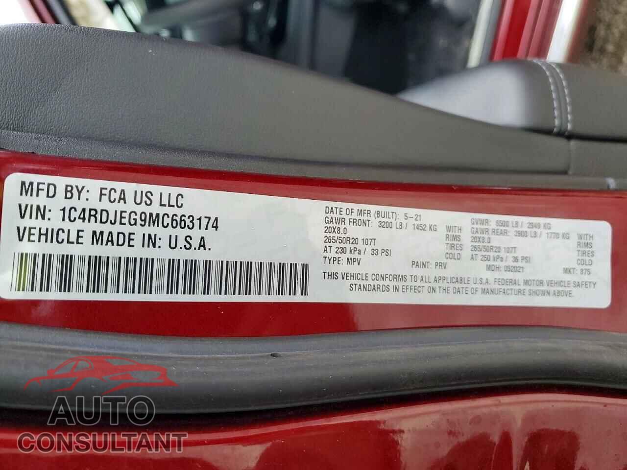 DODGE DURANGO 2021 - 1C4RDJEG9MC663174