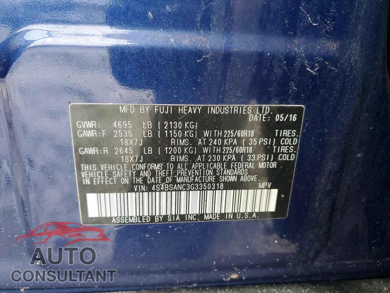 SUBARU OUTBACK 2016 - 4S4BSANC3G3350318