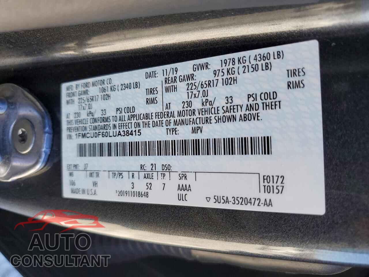 FORD ESCAPE 2020 - 1FMCU0F60LUA38415