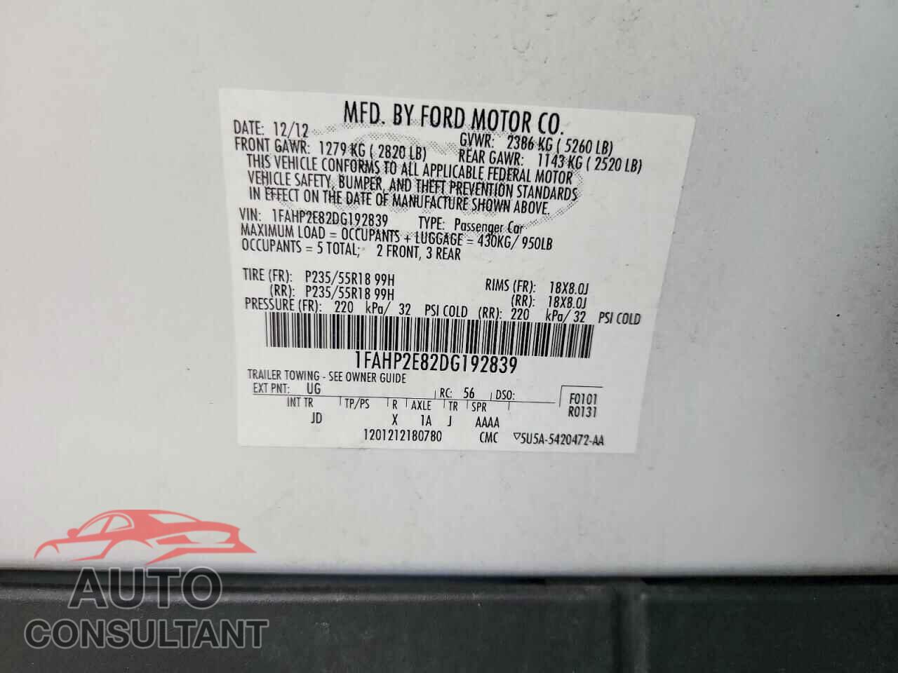 FORD TAURUS 2013 - 1FAHP2E82DG192839
