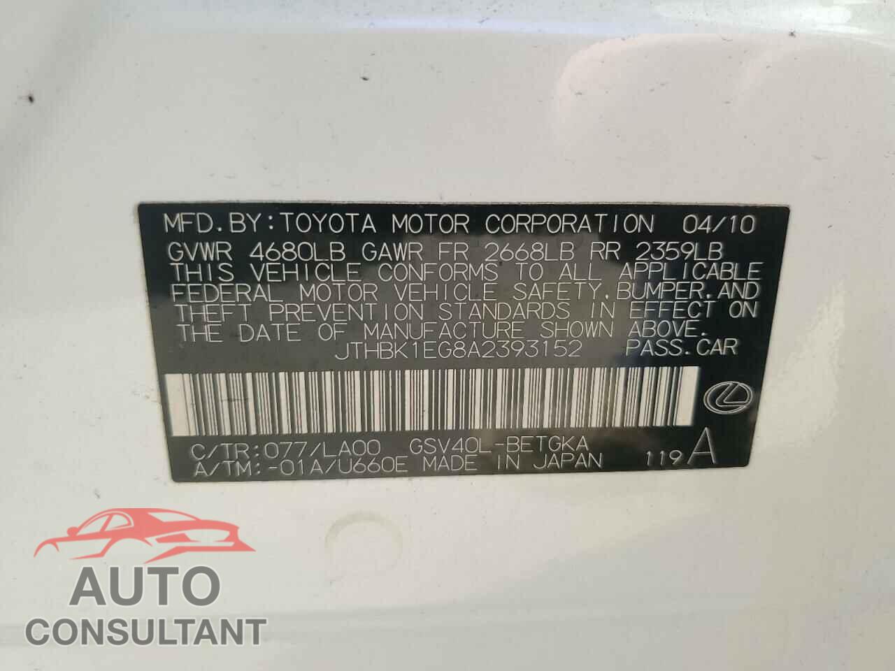 LEXUS ES350 2010 - JTHBK1EG8A2393152