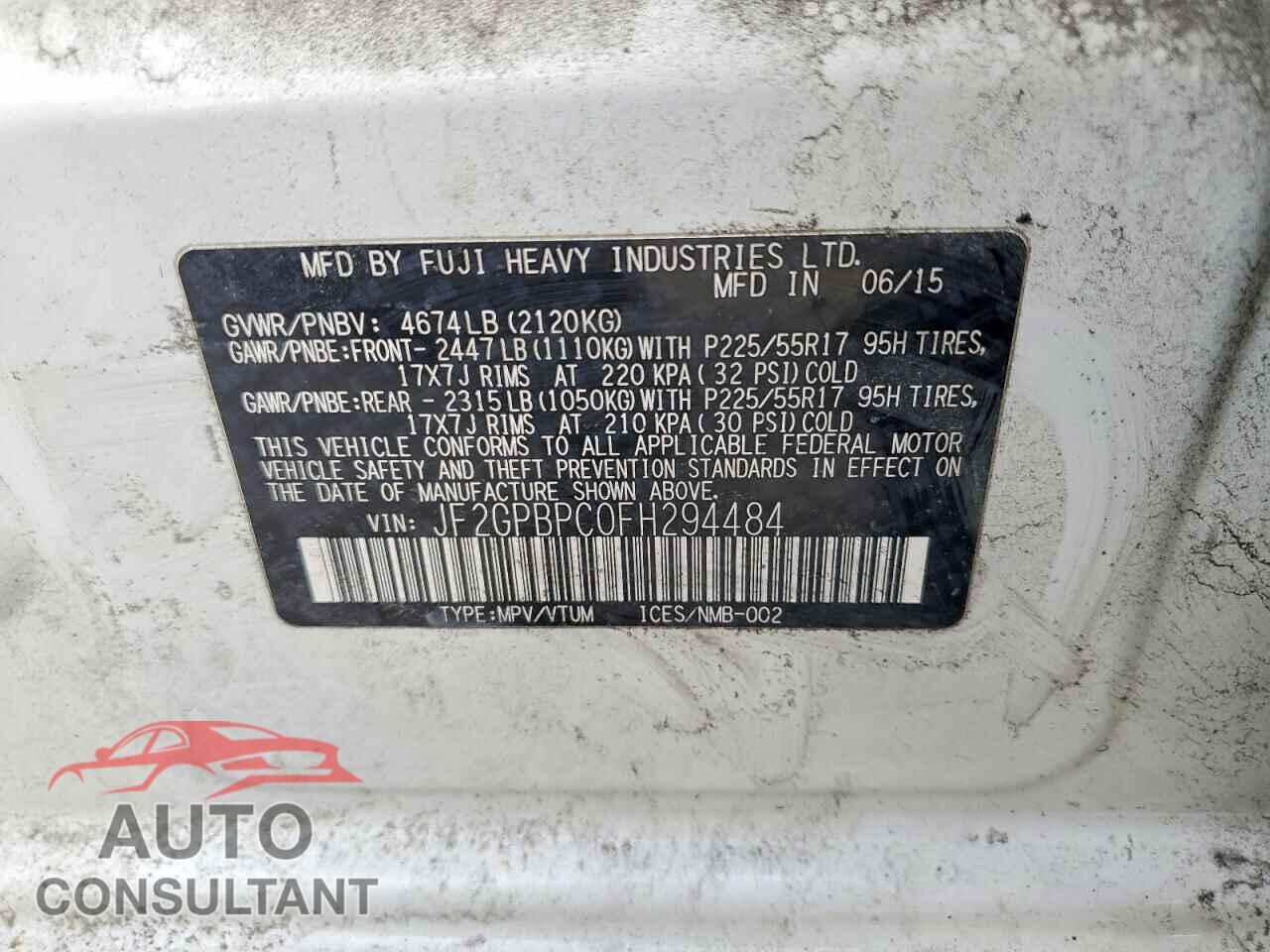 SUBARU XV 2015 - JF2GPBPC0FH294484