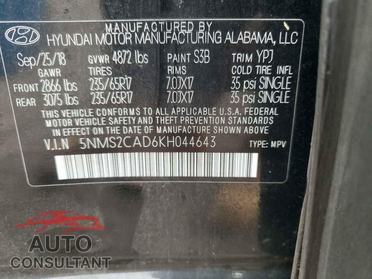 HYUNDAI SANTA FE 2019 - 5NMS2CAD6KH044643