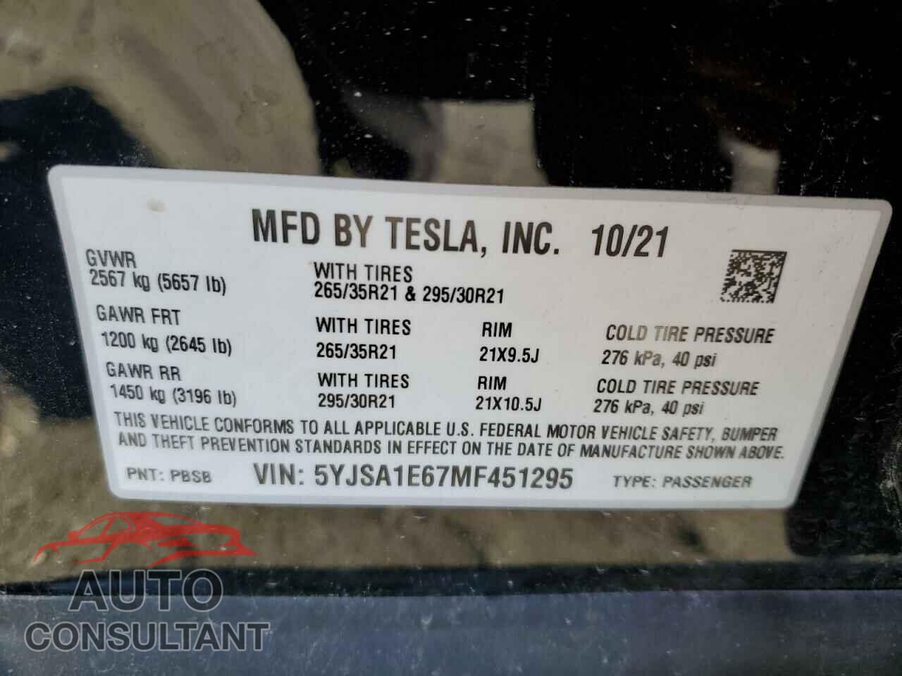 TESLA MODEL S 2021 - 5YJSA1E67MF451295