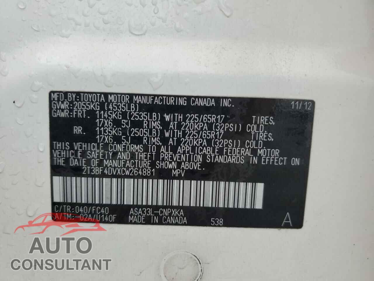 TOYOTA RAV4 2012 - 2T3BF4DVXCW264881