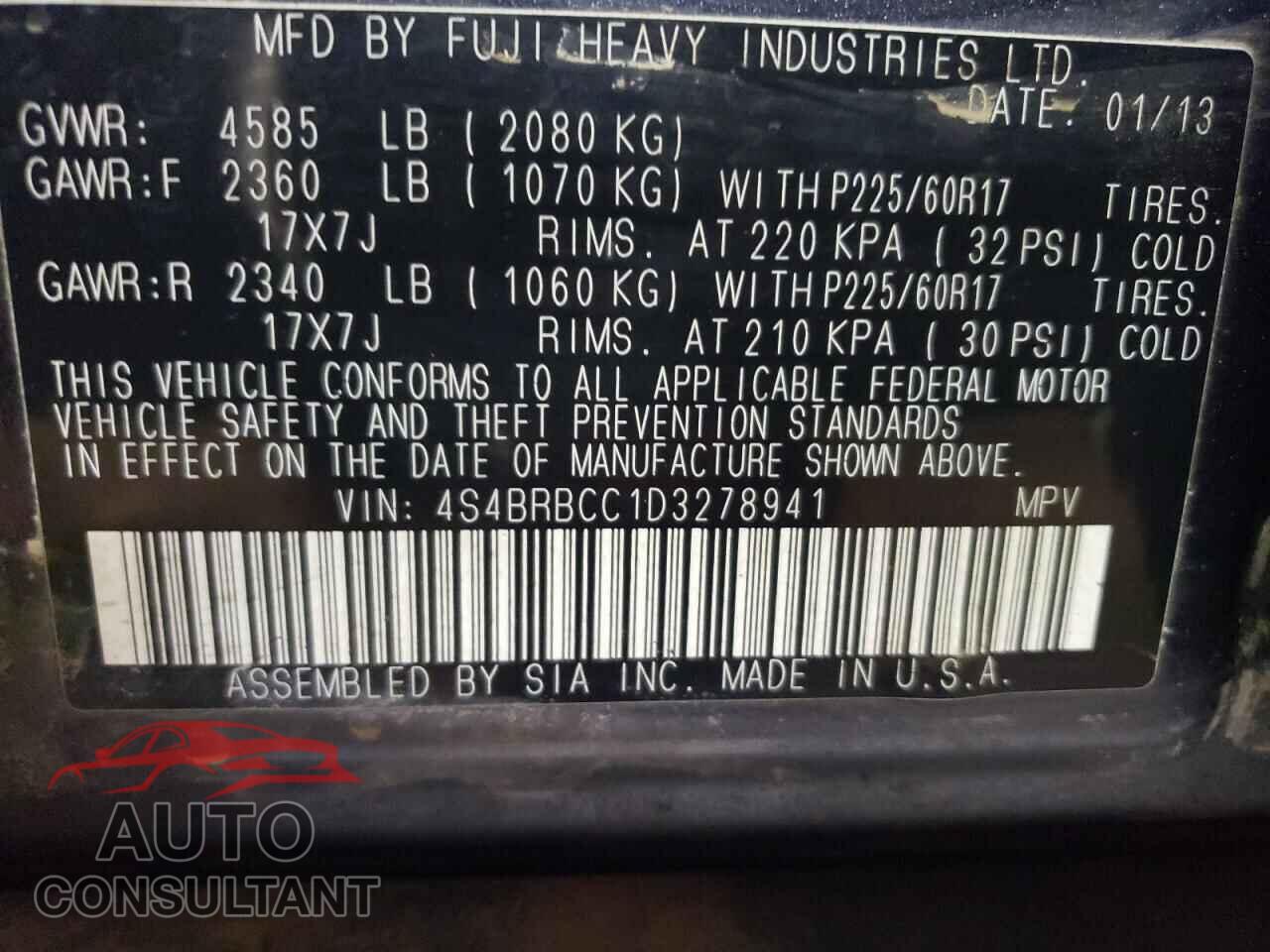 SUBARU OUTBACK 2013 - 4S4BRBCC1D3278941