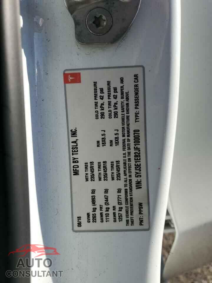 TESLA MODEL 3 2018 - 5YJ3E1EB2JF100070