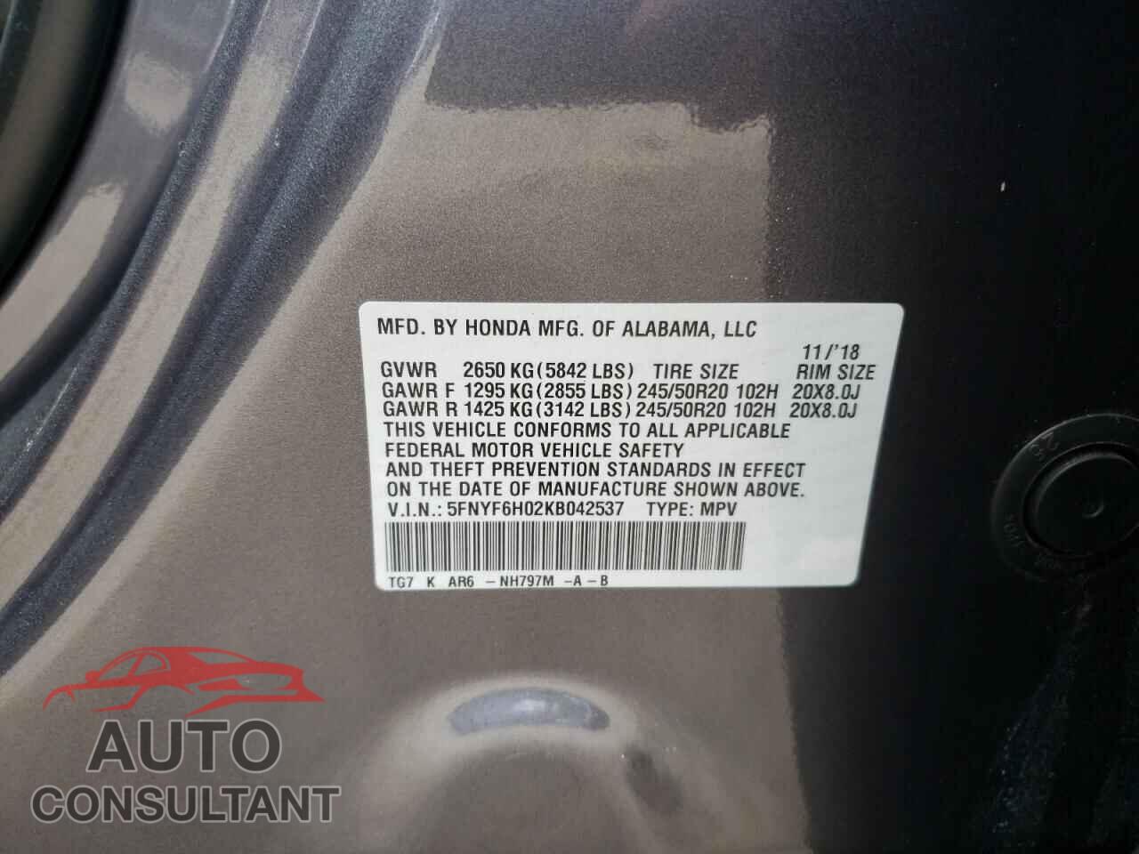 HONDA PILOT 2019 - 5FNYF6H02KB042537