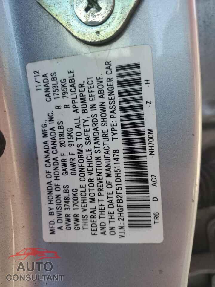 HONDA CIVIC 2013 - 2HGFB2F51DH511478