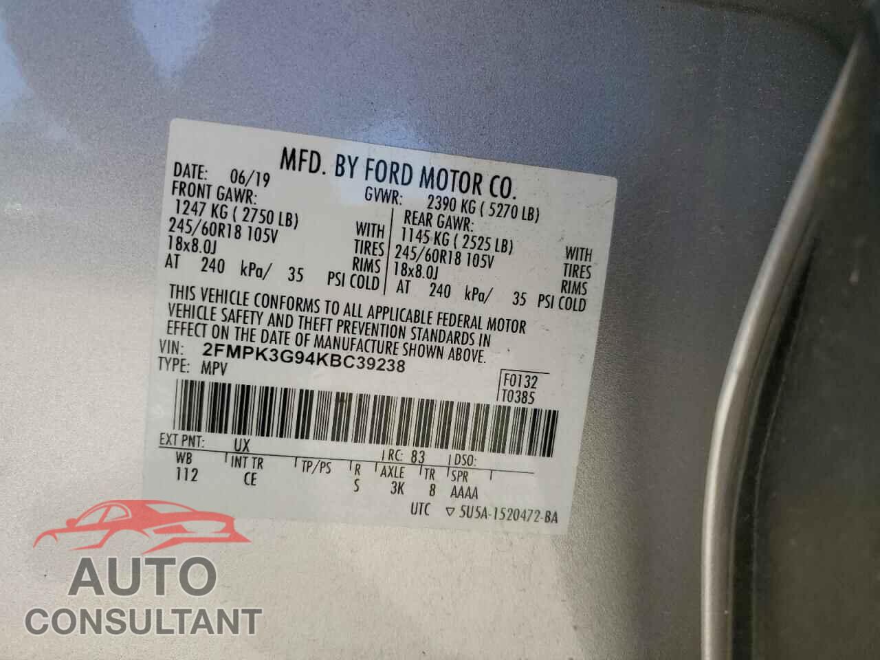 FORD EDGE 2019 - 2FMPK3G94KBC39238
