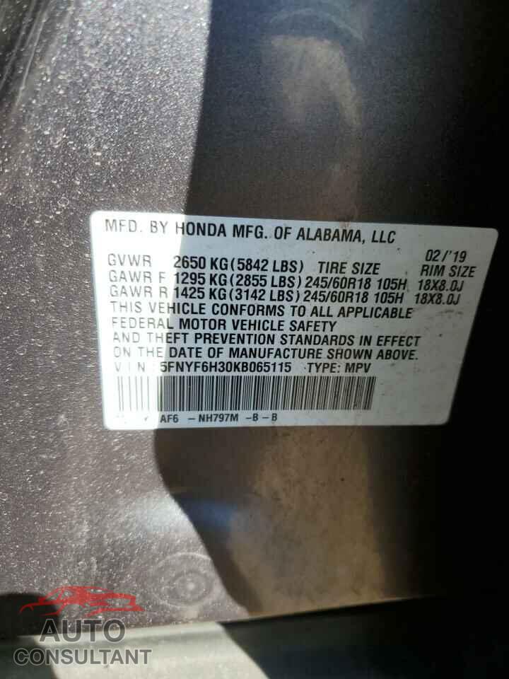 HONDA PILOT 2019 - 5FNYF6H30KB065115