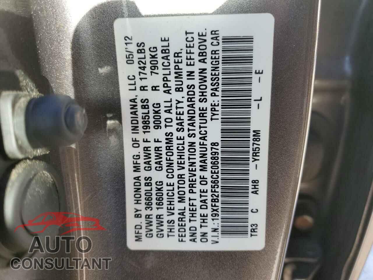 HONDA CIVIC 2012 - 19XFB2F56CE068978
