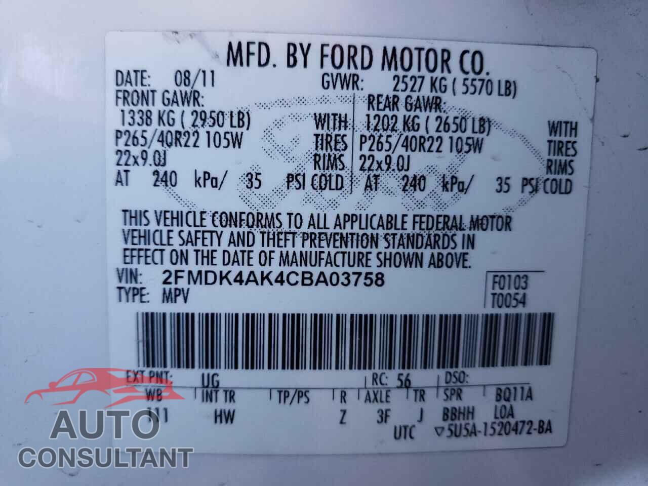 FORD EDGE 2012 - 2FMDK4AK4CBA03758