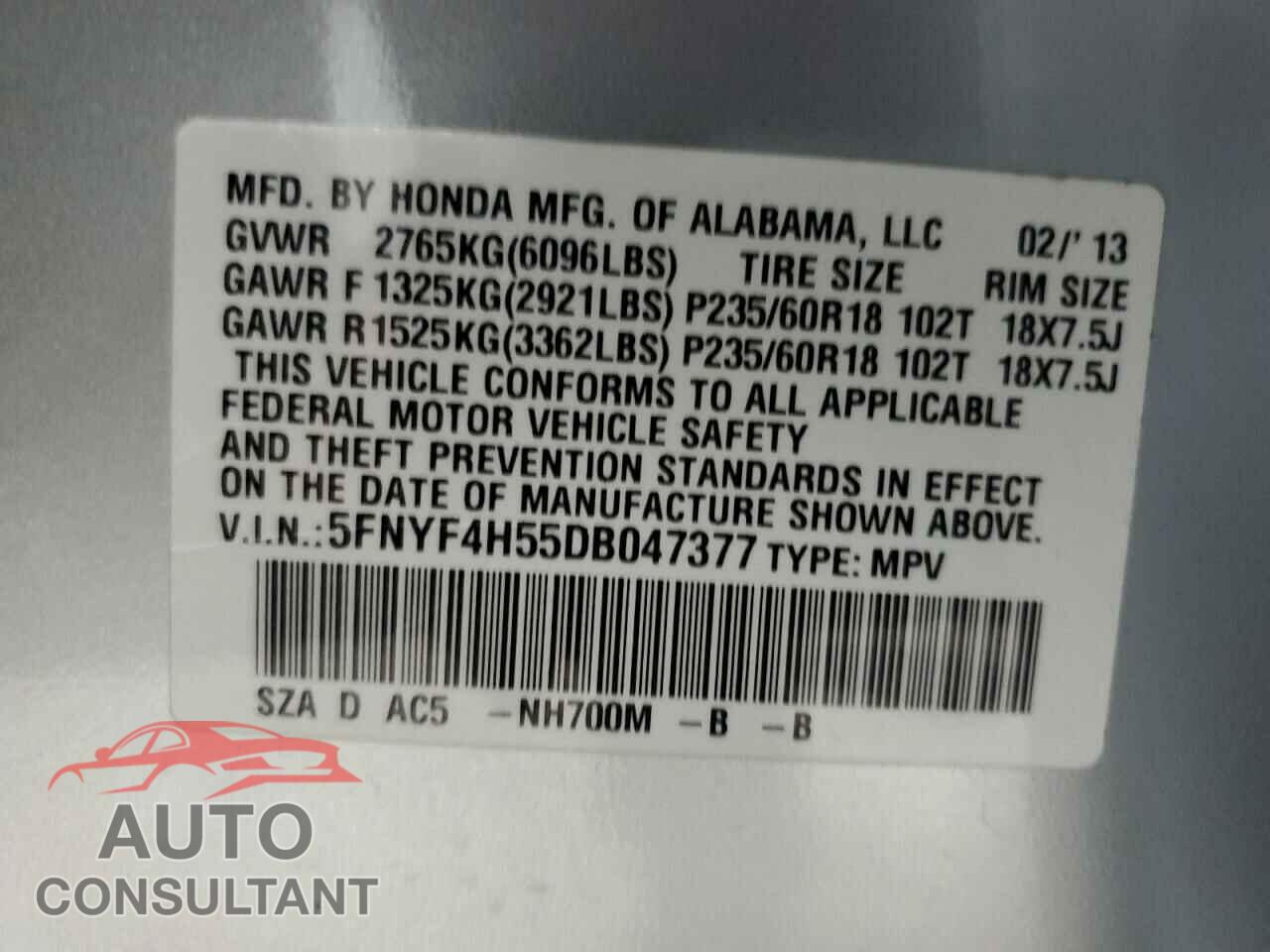 HONDA PILOT 2013 - 5FNYF4H55DB047377