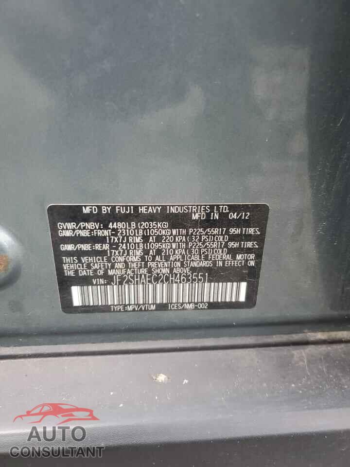 SUBARU FORESTER 2012 - JF2SHAEC2CH463551
