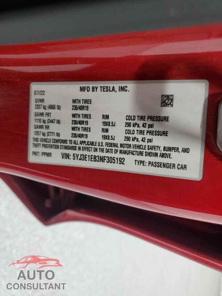 TESLA MODEL 3 2022 - 5YJ3E1EB3NF305192