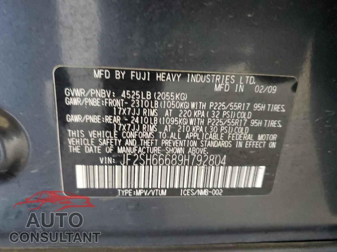 SUBARU FORESTER 2009 - JF2SH66689H792804