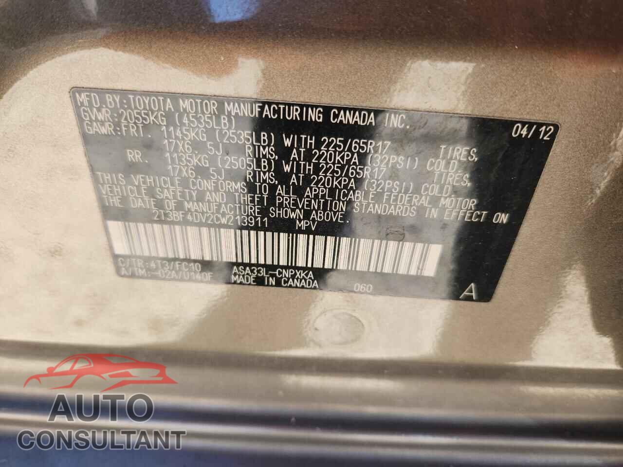 TOYOTA RAV4 2012 - 2T3BF4DV2CW213911