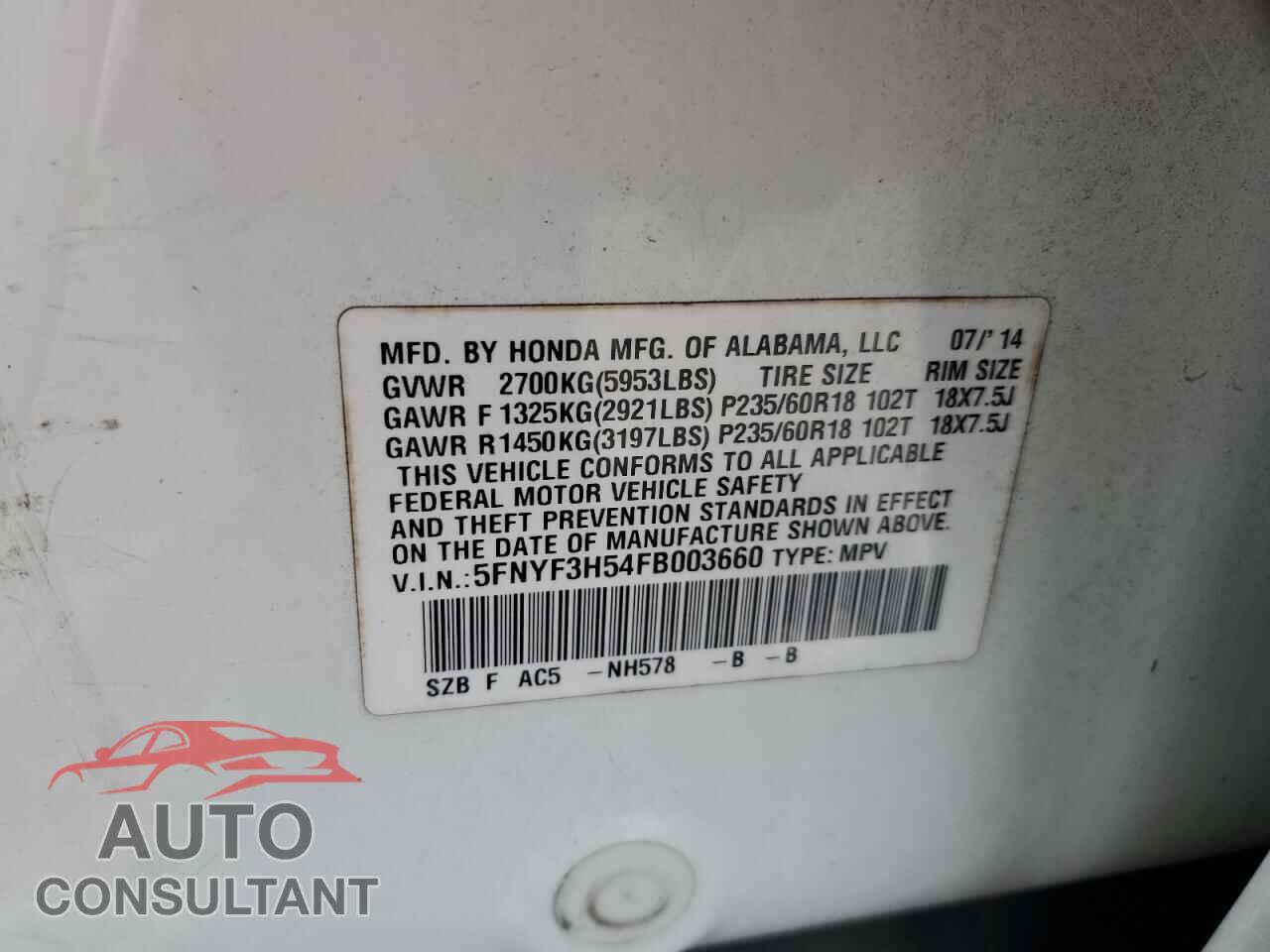 HONDA PILOT 2015 - 5FNYF3H54FB003660