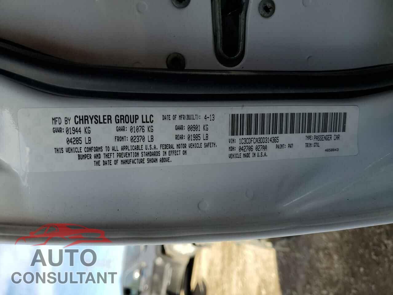 DODGE DART 2013 - 1C3CDFCA3DD314365