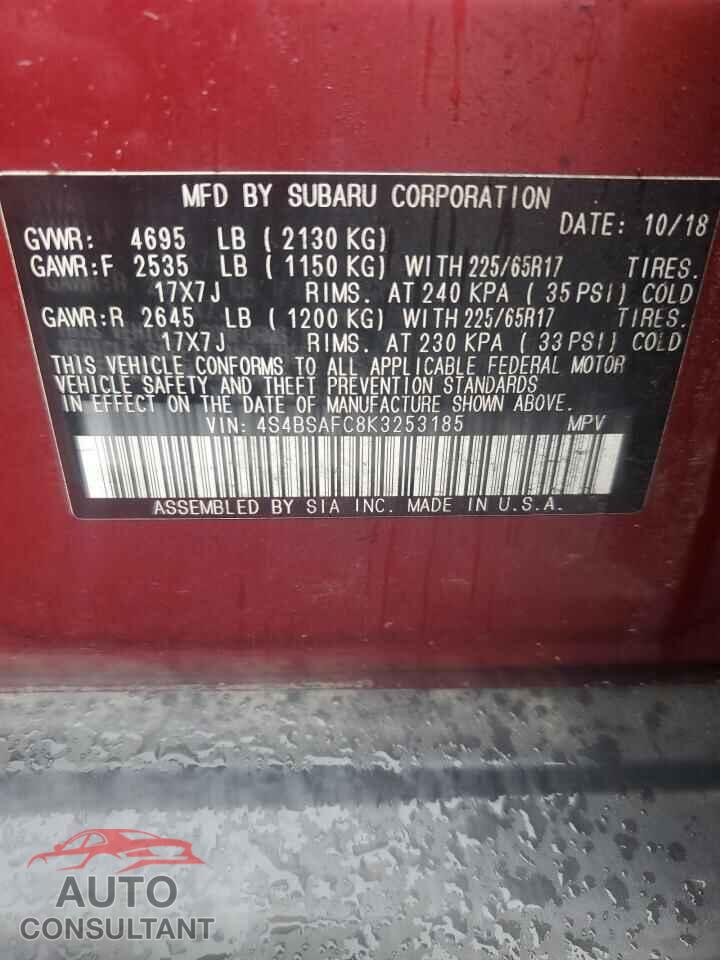 SUBARU OUTBACK 2019 - 4S4BSAFC8K3253185