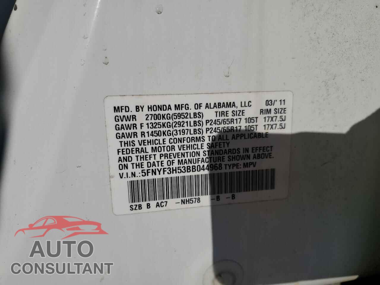 HONDA PILOT 2011 - 5FNYF3H53BB044968