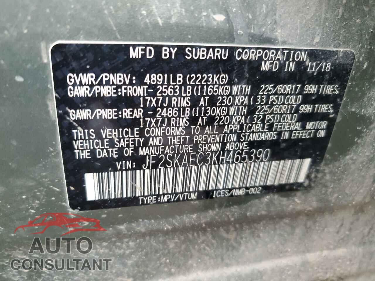 SUBARU FORESTER 2019 - JF2SKAEC3KH465390