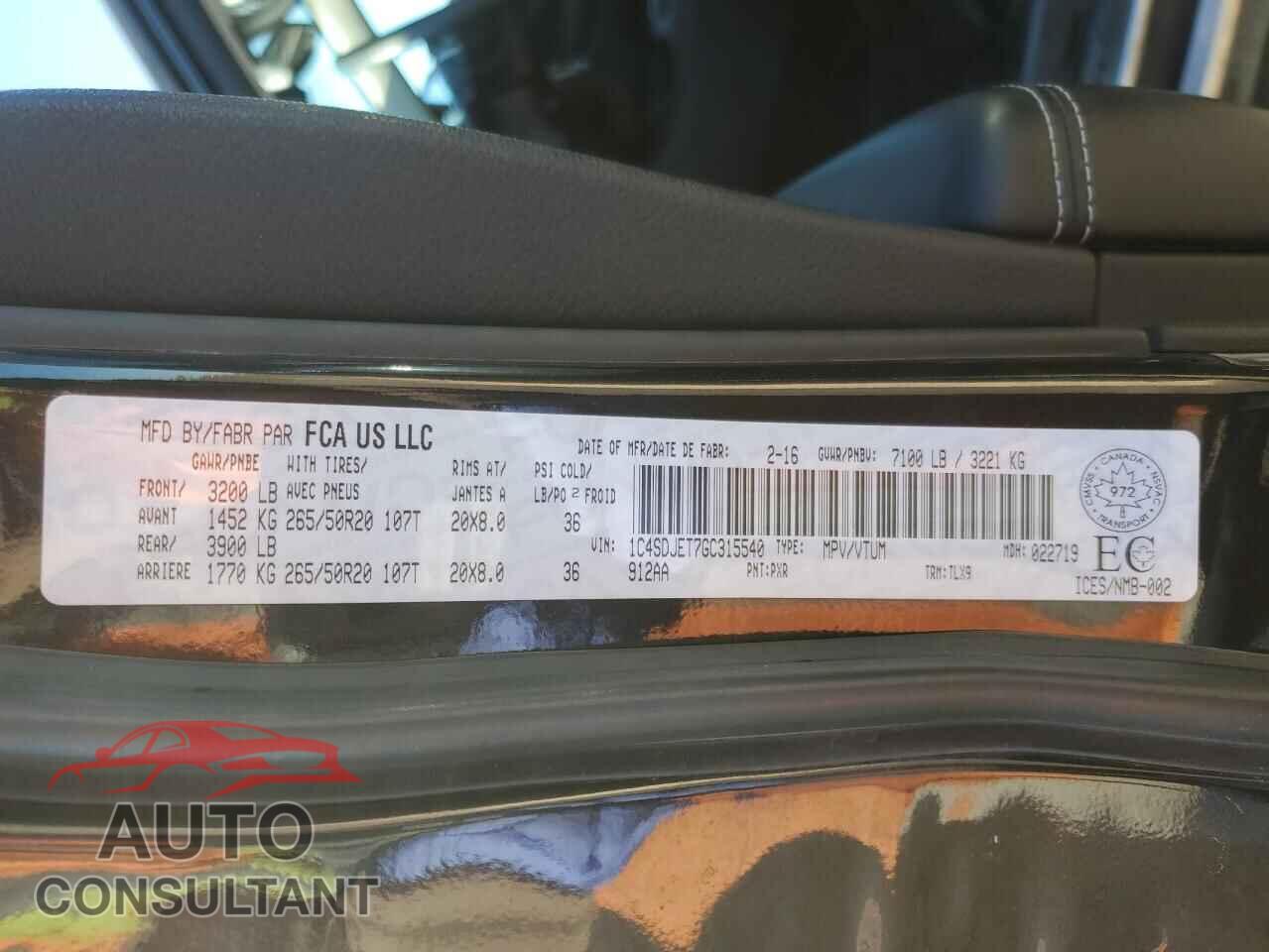 DODGE DURANGO 2016 - 1C4SDJET7GC315540