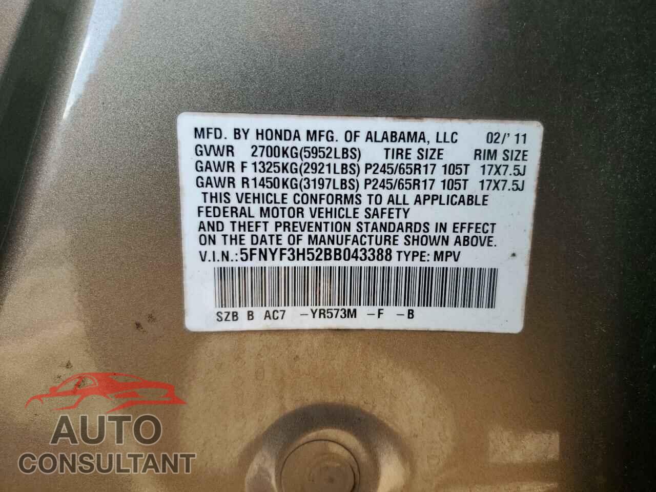 HONDA PILOT 2011 - 5FNYF3H52BB043388